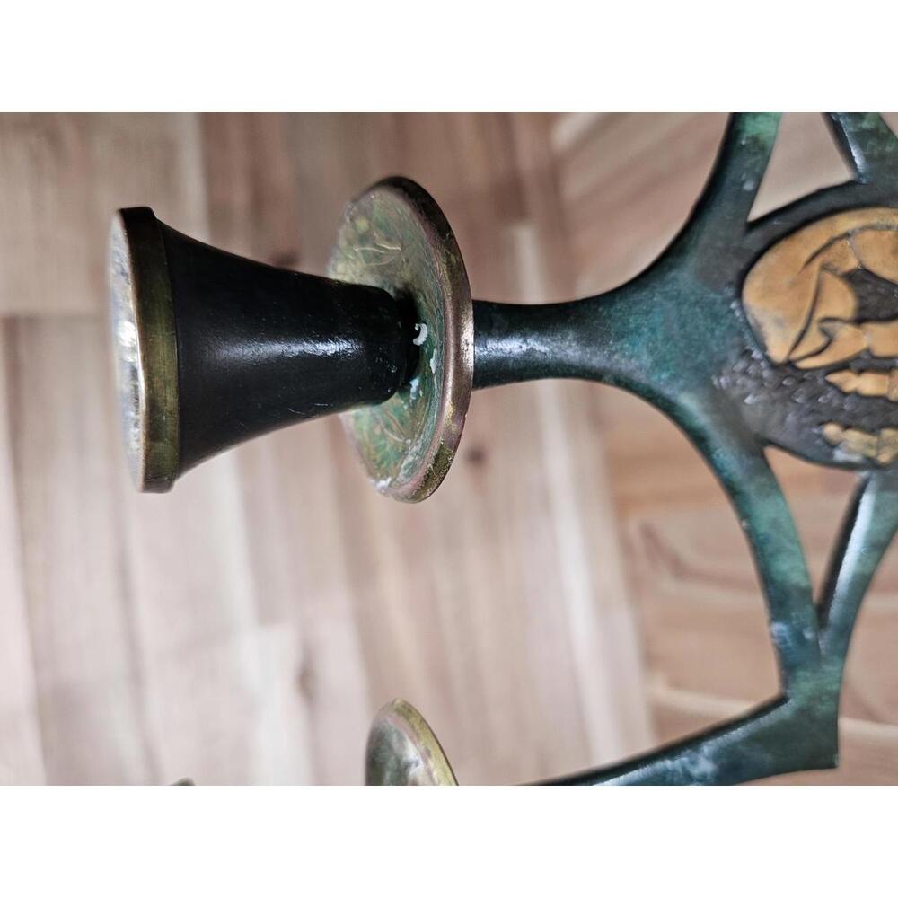 Vintage Mid-Century Modern Israeli Brutalist 3-Cup Candelabra Verdigris Brass - Picture 11 of 14